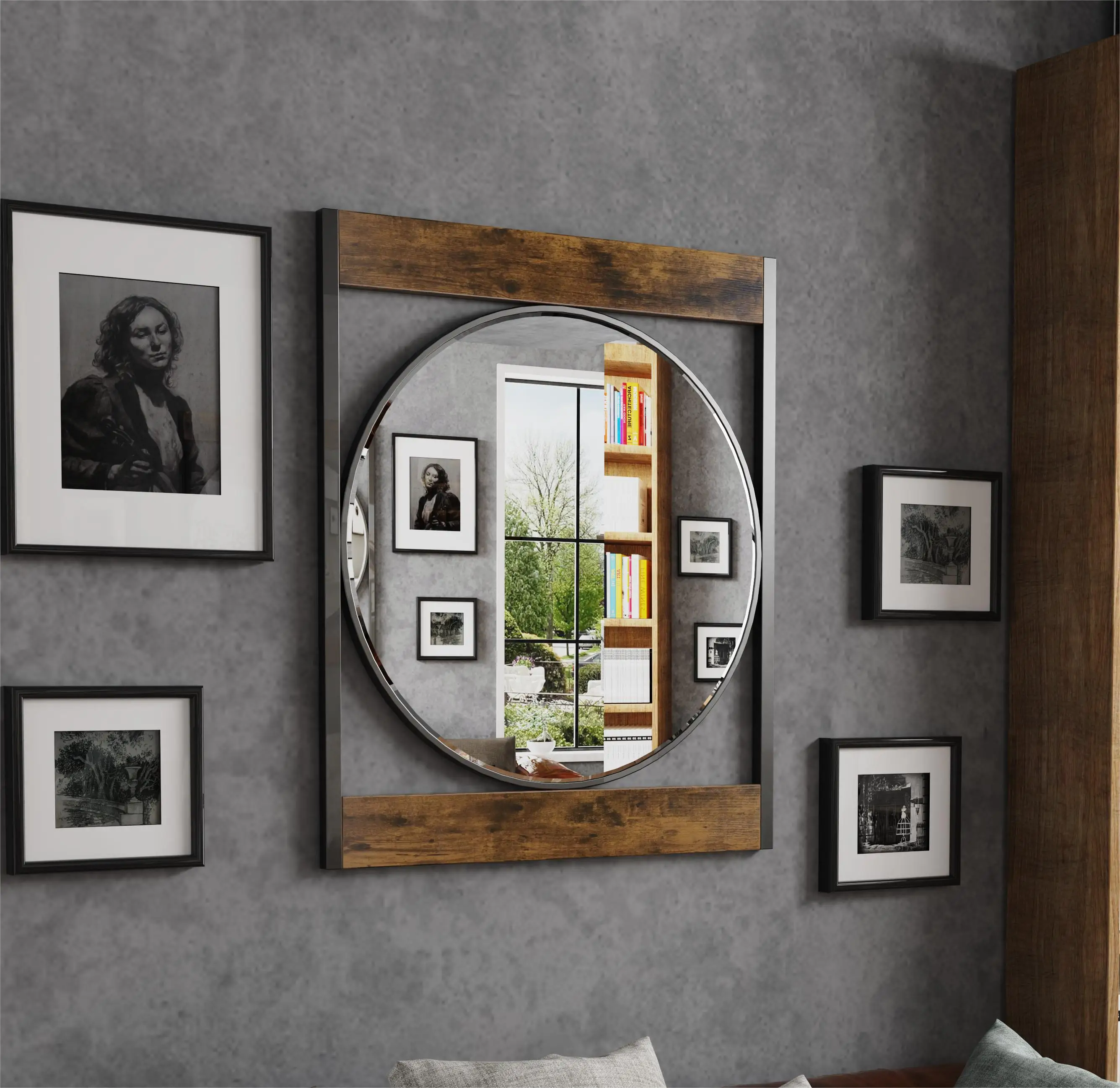 63x76cm industrieller Metall holzrahmen Wand spiegel Badezimmer Wohnzimmer dekorativer Spiegel