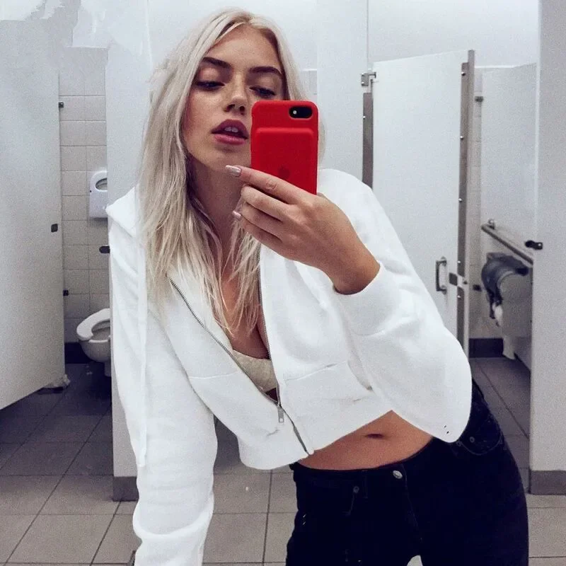 Long Sleeve Pocket Jacket Hoody Cotton Coats Sexy Zip-up Drawstring Sweatshirt Crop Top Hoodie Woman