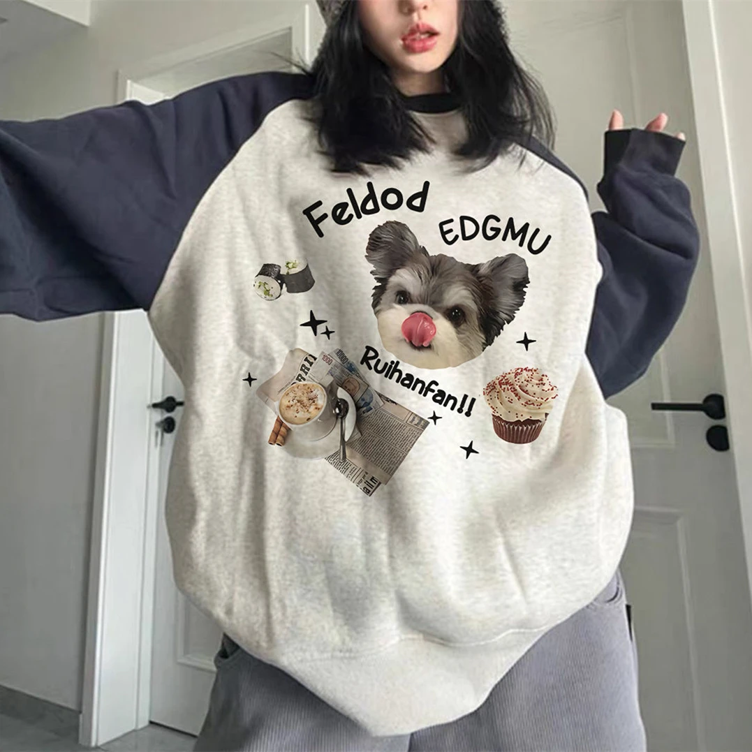 

Pure Cotton Oversized Gray Sweatshirt Korean Brand Cat Funny Graphic Hoodie Pullover Couples Loose Casual Streetwear Harajuku