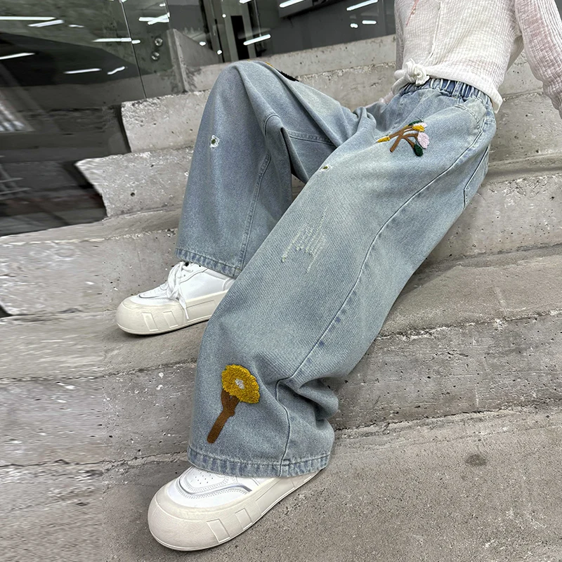 رائجة البيع الاطفال موضة الجينز الأزرق مع يزين لفتاة جديد أنيق الدينيم السراويل سليم صالح فضفاض الجينز بنطلون للمراهق 4-14