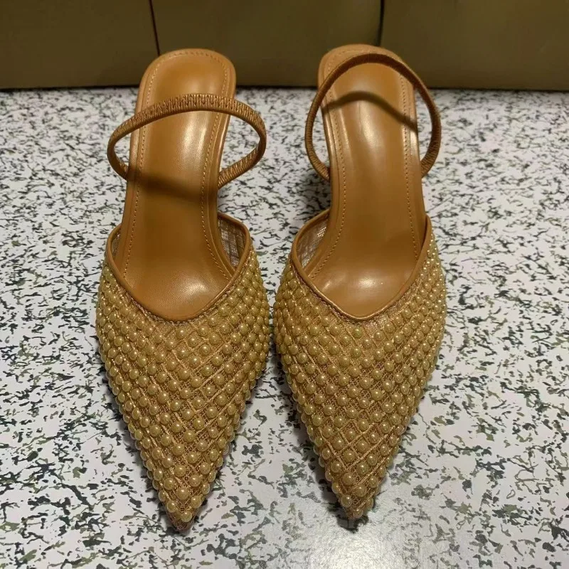 

Luxury Pearl Mesh High Heeled Sandals for Women Brand Pointed Toe Summer Light Dress Party Shoes Designer Wedding Stilettos