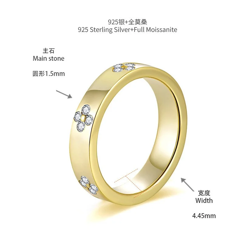 

ZFSILVER Silver s925 Fashion Trendy Moissante Double Wear Gold Clover Rectangle Ring For Women Jewelry Party Gift R3-0698R3-0700