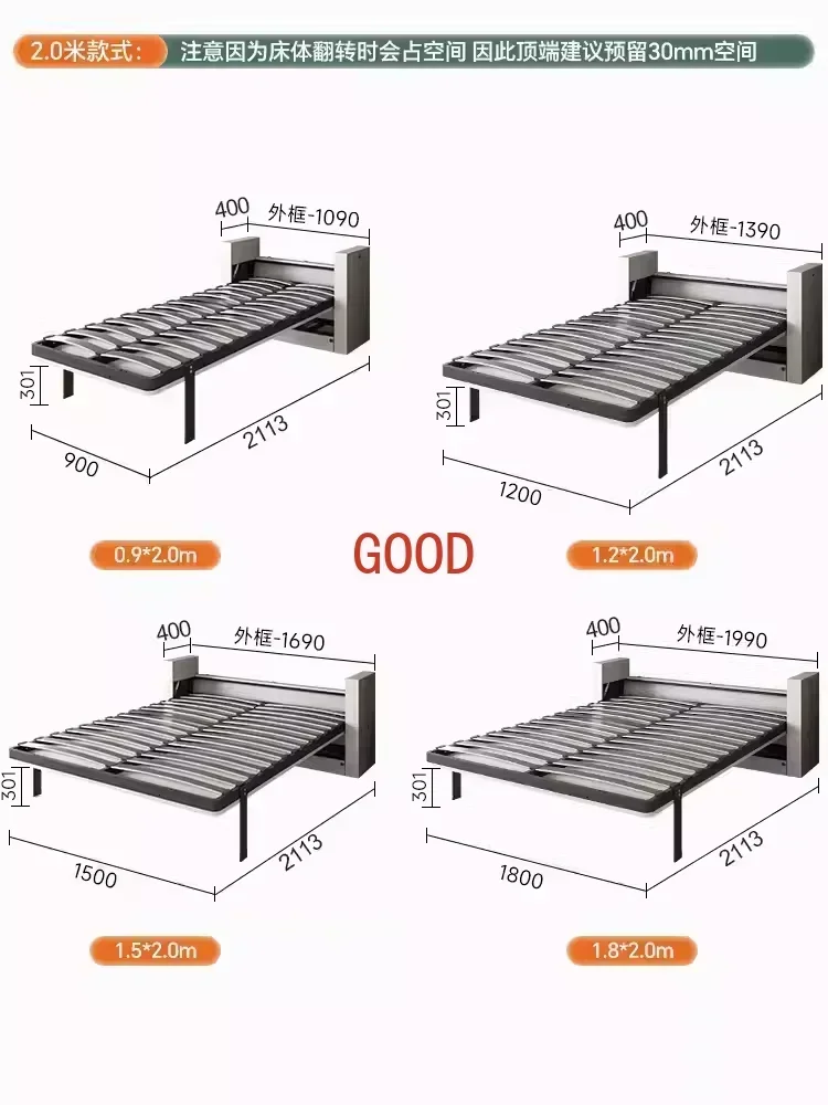 Cama de pared multifuncional, cama plegable Easy Flip Murphy