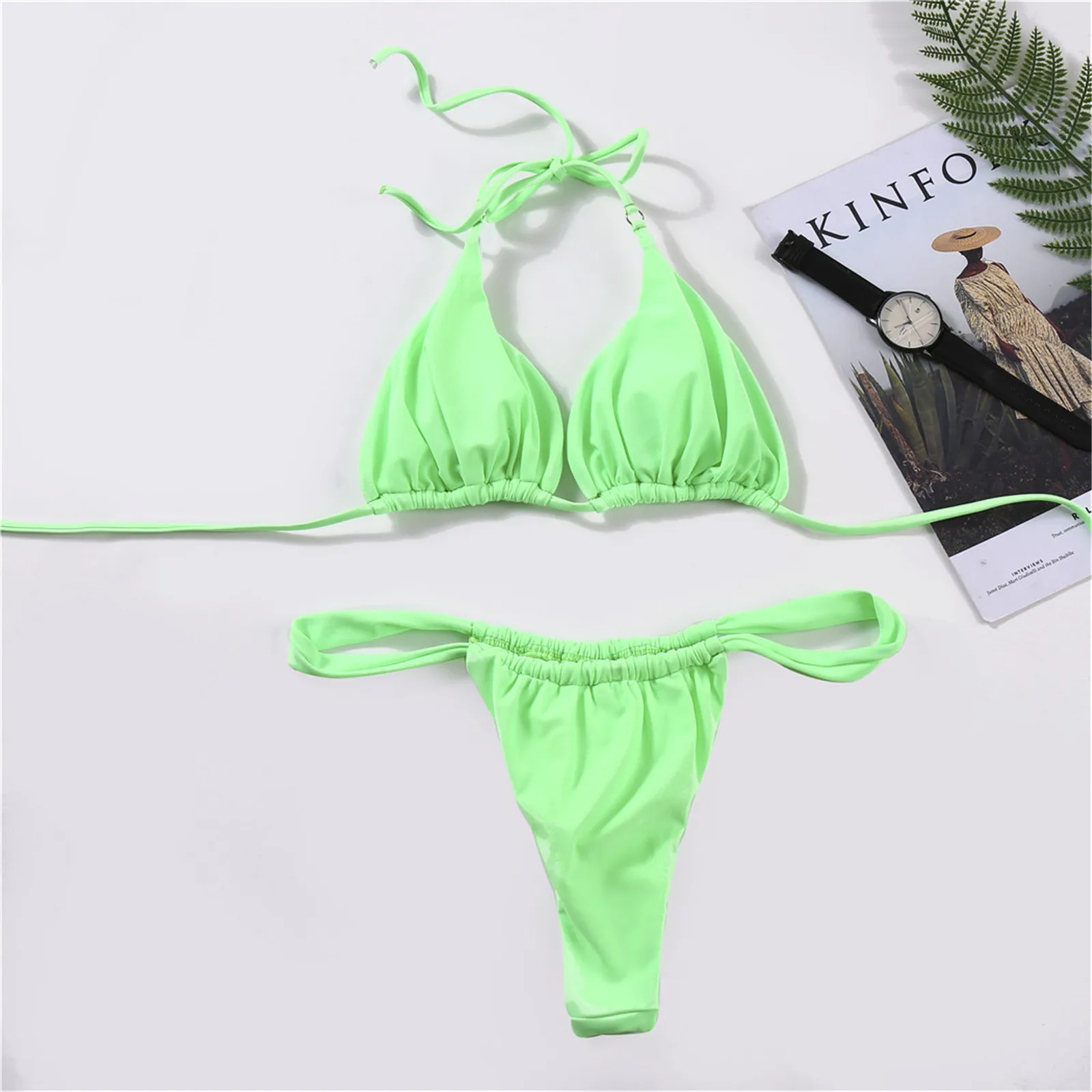 Conjuntos de Bikinis sexis para mujer, ropa de playa unicolor con copa triangular, Tanga de cintura baja, Bikini brasileño, trajes de baño de playa con vendaje, Bikini