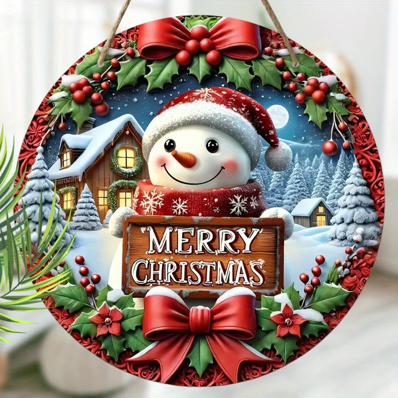 Charming Snowman & Red Berries Wooden Christmas Wreath - Retro Style, Perfect for Porch & Outdoor Decor, Festive Garden and Part