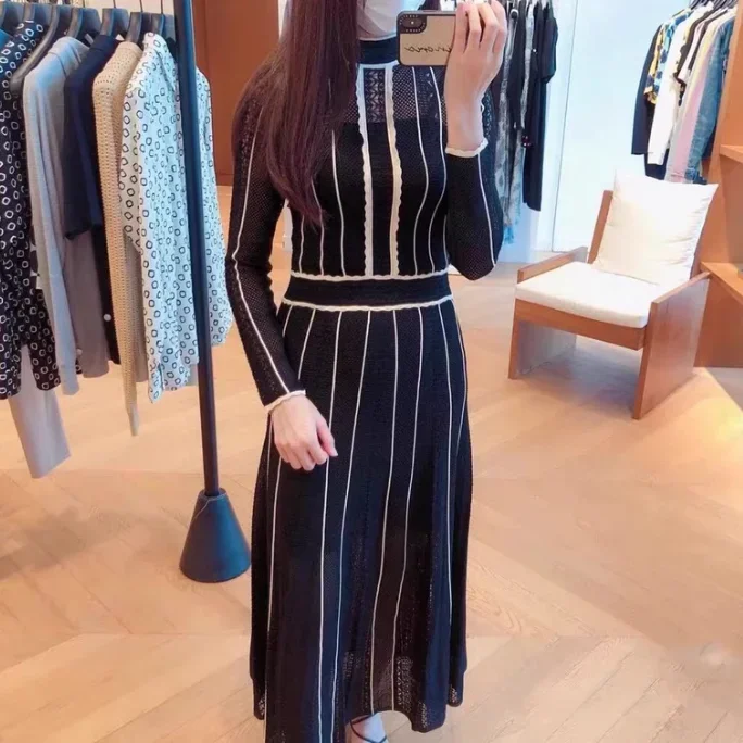 Black Stripe Knit Dress 2024 Spring Women Elegant Full Sleeve Hollow Out Dresses 2 Piece