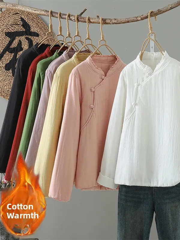 

New Chinese Sle Autumn Winter Cotton Padded Hooded Jaet Lightweight Oversize Women's Faionable Stand Collar Button Fron...