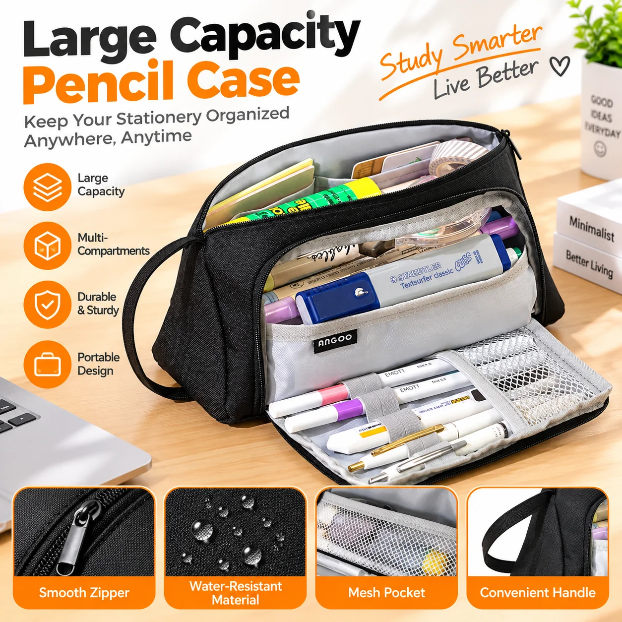 Black Triangular Oxford Cloth Pencil Case, Office Stationery Storage Bag, Study Stationery Suitable for Boys and Girls