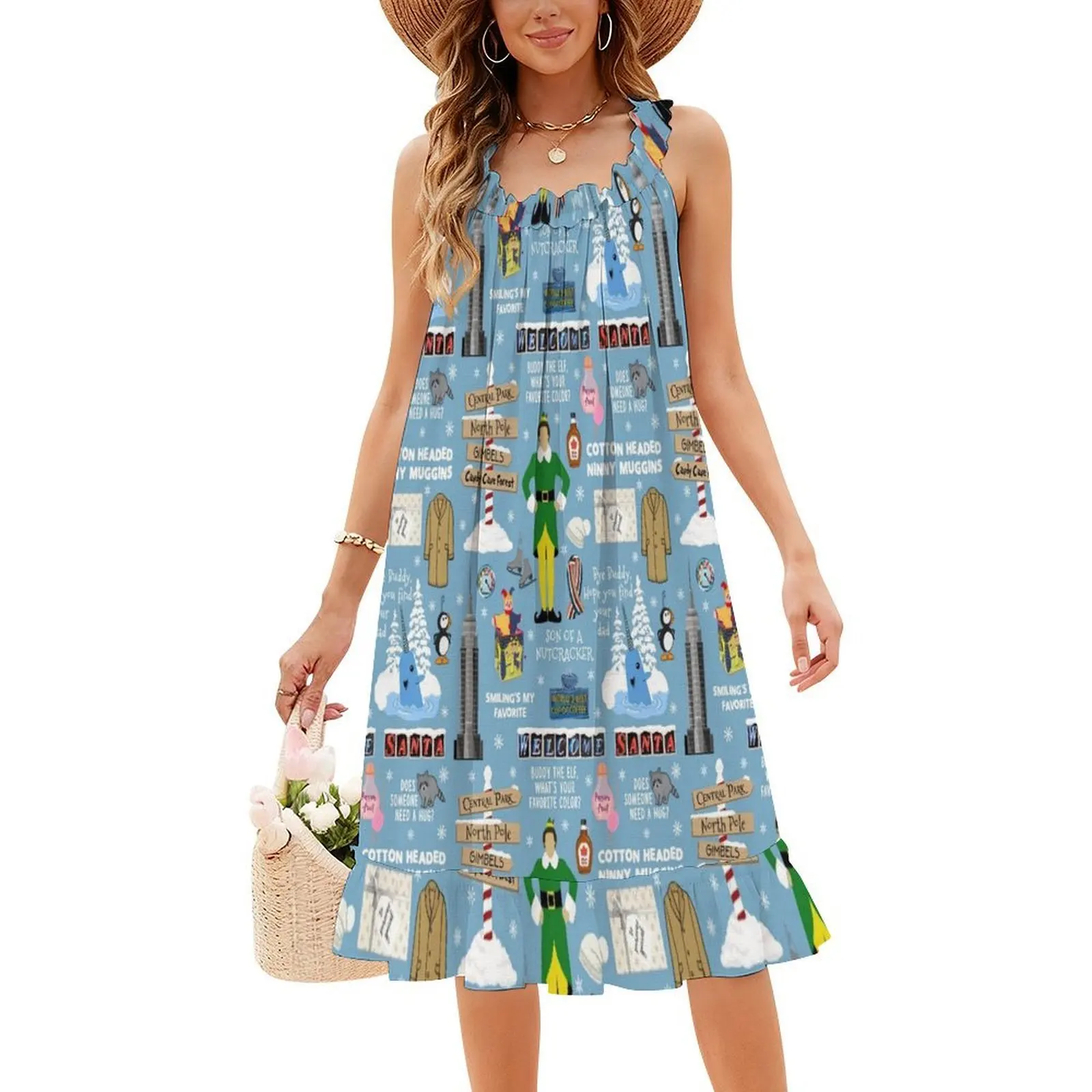 فستان بوهيمي بدون أكمام بخلفية زرقاء من Buddy The Elf للنساء مطبوع عليه فساتين حفلات الشاطئ Elf Buddy The Elf Elf Movie #4