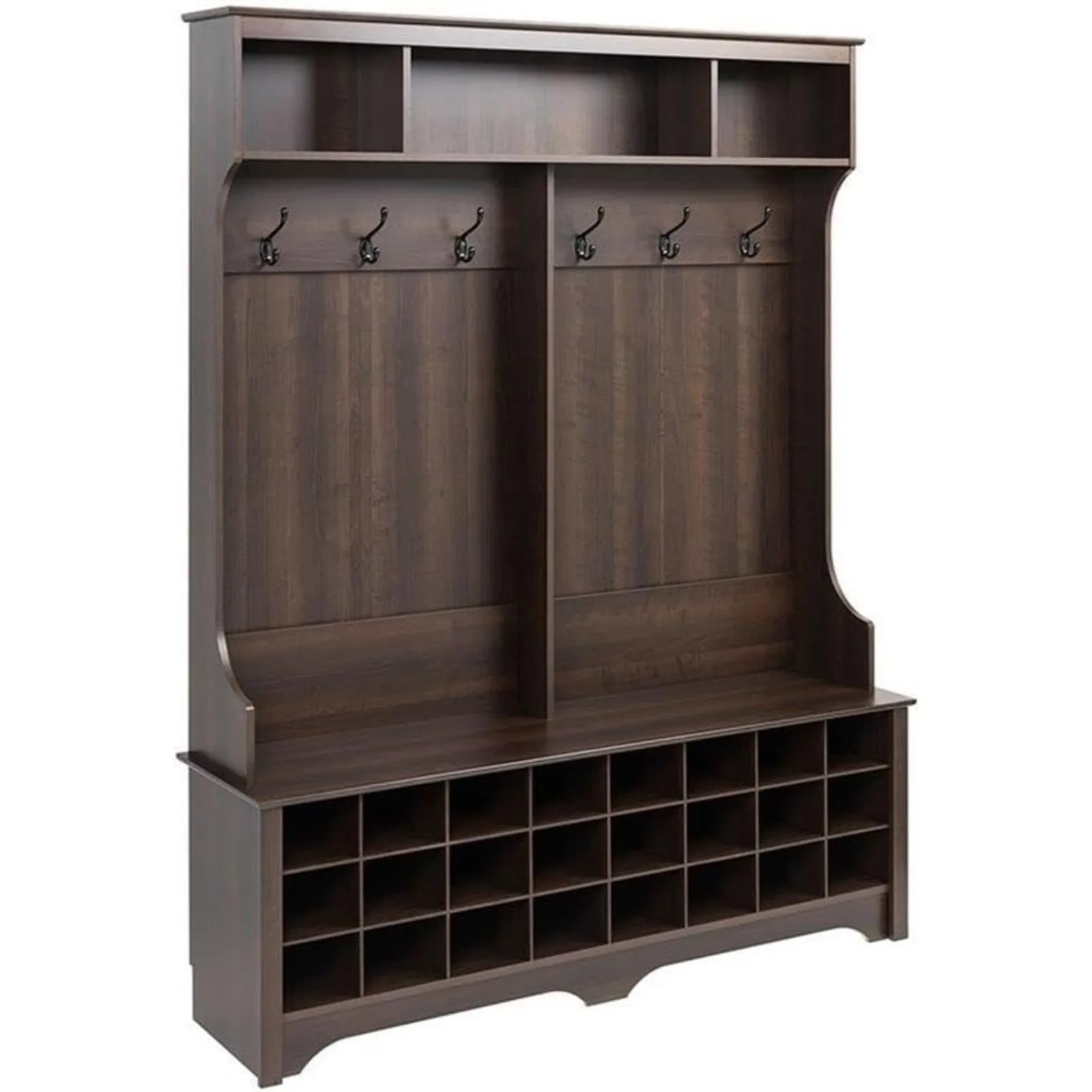 US Brown Hall Tree, Shoe Cabinet, Storage Cabinet with 24 Shoe Cubbies and 6 Double Coat Hooks 15.5