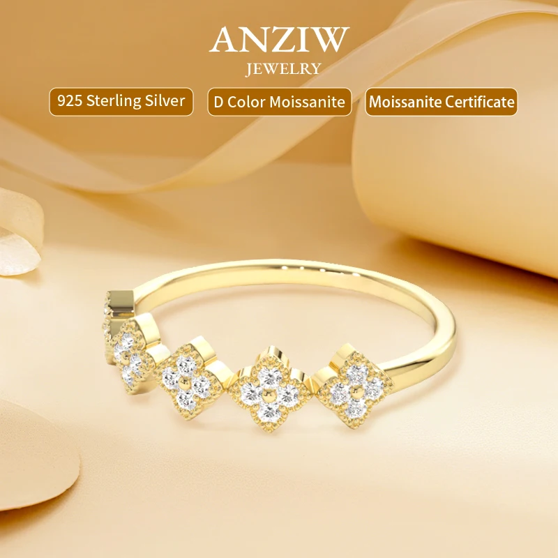 

Anziw 1.5mm Moissanite Clover Flower Ring for Women 925 Sliver Engagement Wedding Rings Band Lucky Charm Finger Jewelry 2025 New