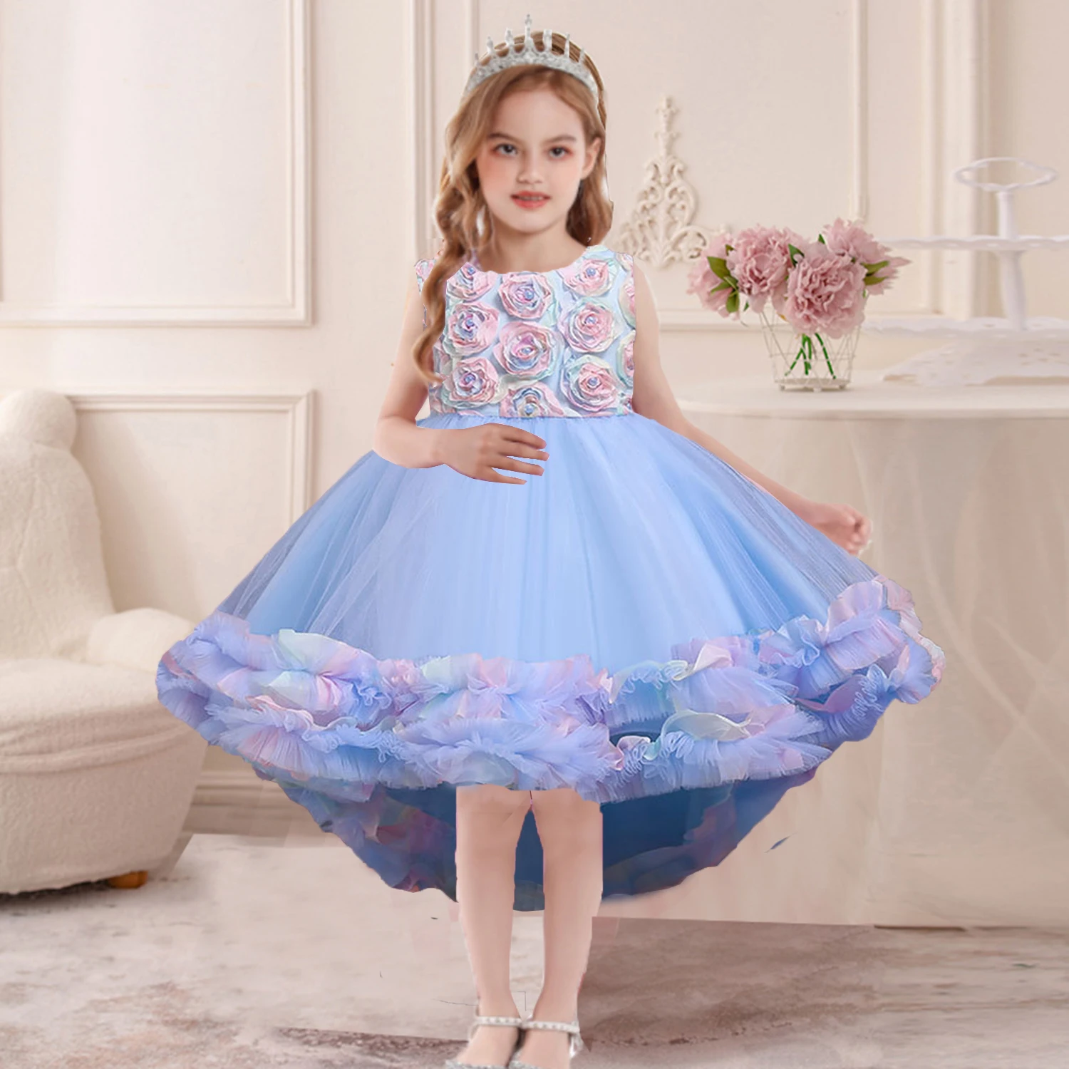 Michella Fashion Little Girls 3D Rose Petal Flower Girl Dress Birthday Party Pageant Hi-Lo Rainbow Gown 68018