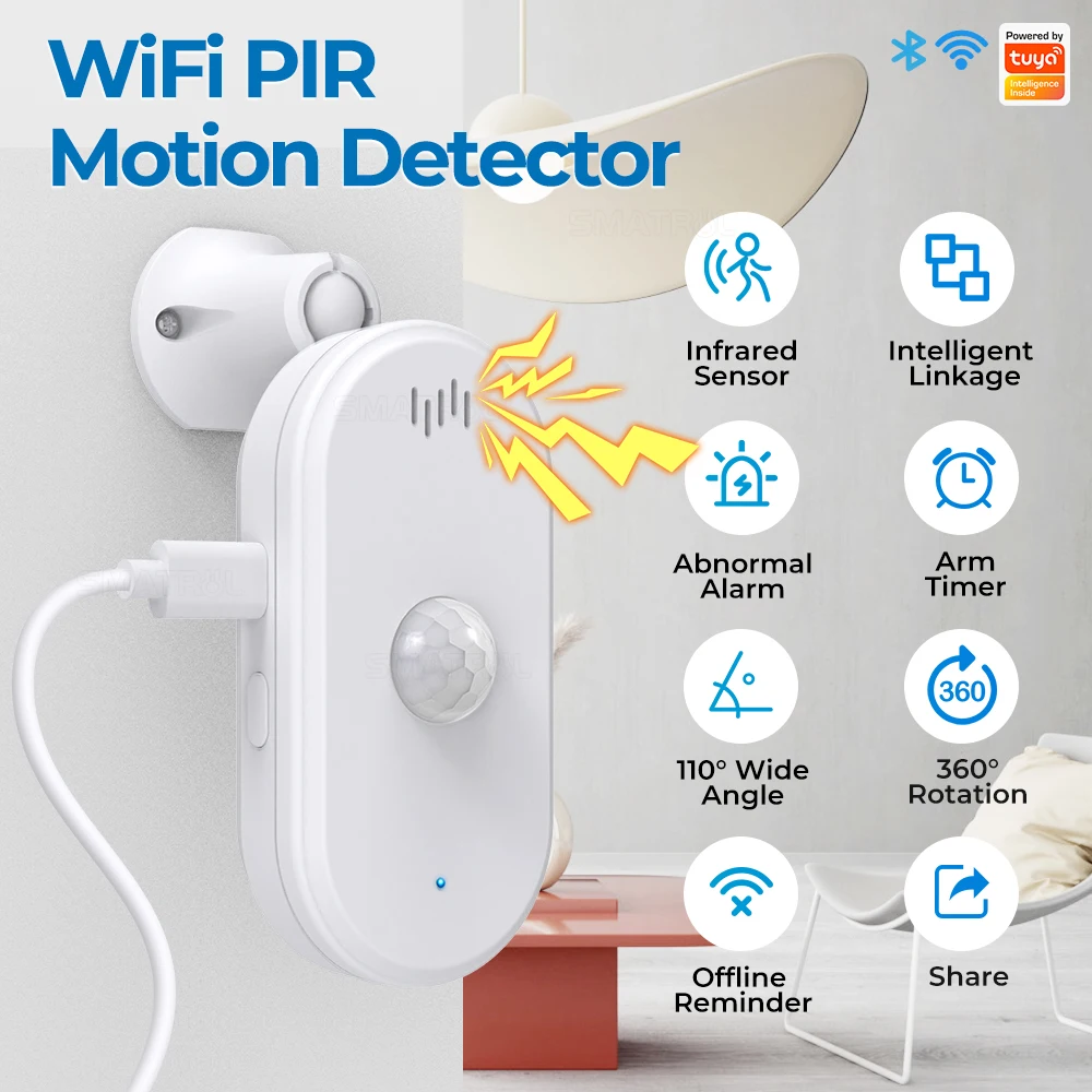 SMATRUL-Tuya Smart Wi-Fi Pir Sensor De Movimento, Detector De Sistema De Segurança Doméstica, Controle Remoto Do Aplicativo, Timing Arming, USB,