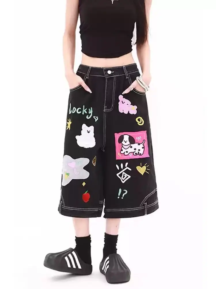 Summer Women's Cute Pattern Design Denim Shorts Cool Girl Capris Street Girl Casual Bottom Female Wide-leg Calf-length Pants