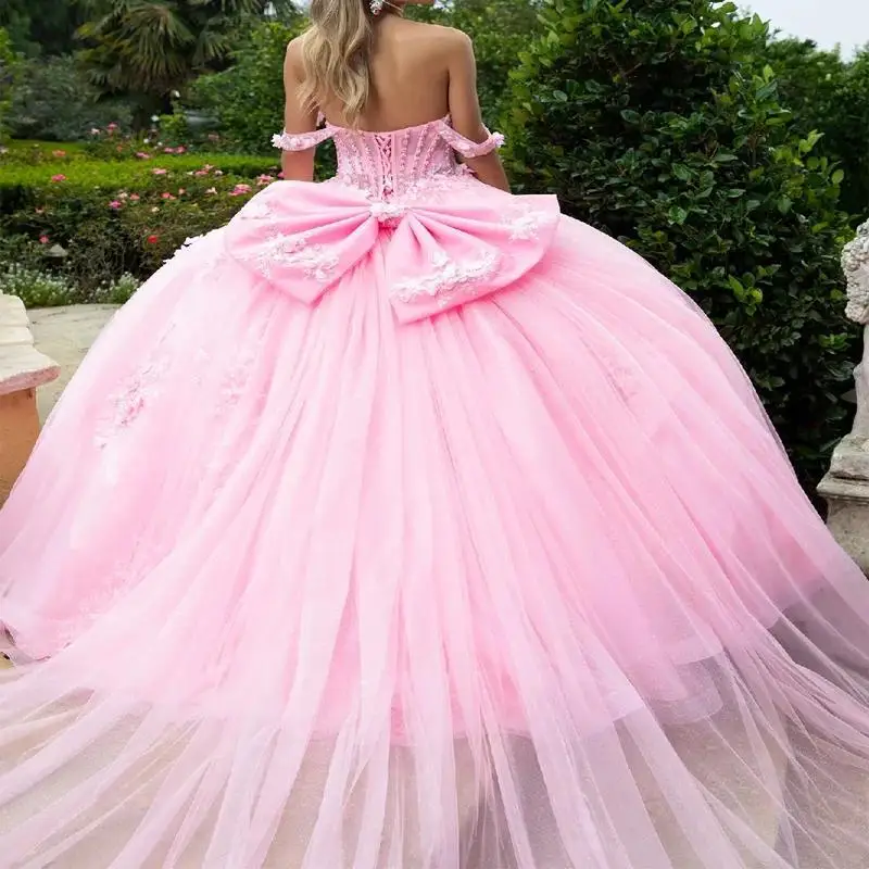 Maßgeschneiderte rosa glänzende Quinceanera-Kleider, Ballkleid, schulterfrei, Applikationen, Blumenperlen, Tüll, süßes 16-Kleid, Vestidos für 15 Jahre