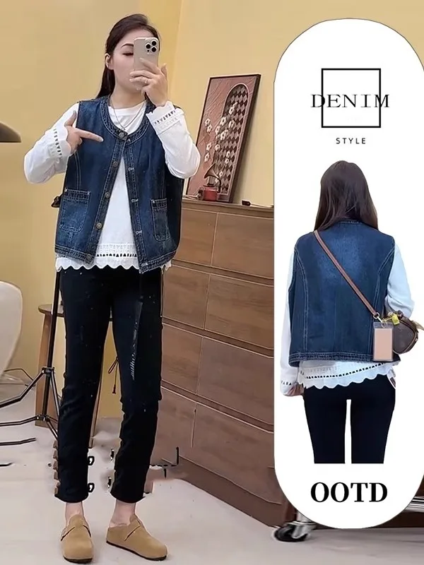 

Женский лыжный джинсовый жилет, летний тонкий ретро-круглый жилет Ne Svel oulder Pad, Jaet Top Faion, универсальный, с водной талией