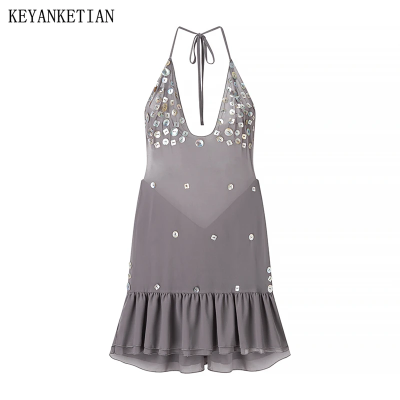 Keyanketian verão novas conchas femininas decoração halter mini vestido beachwear férias vento fino em camadas babados vestidos sem costas