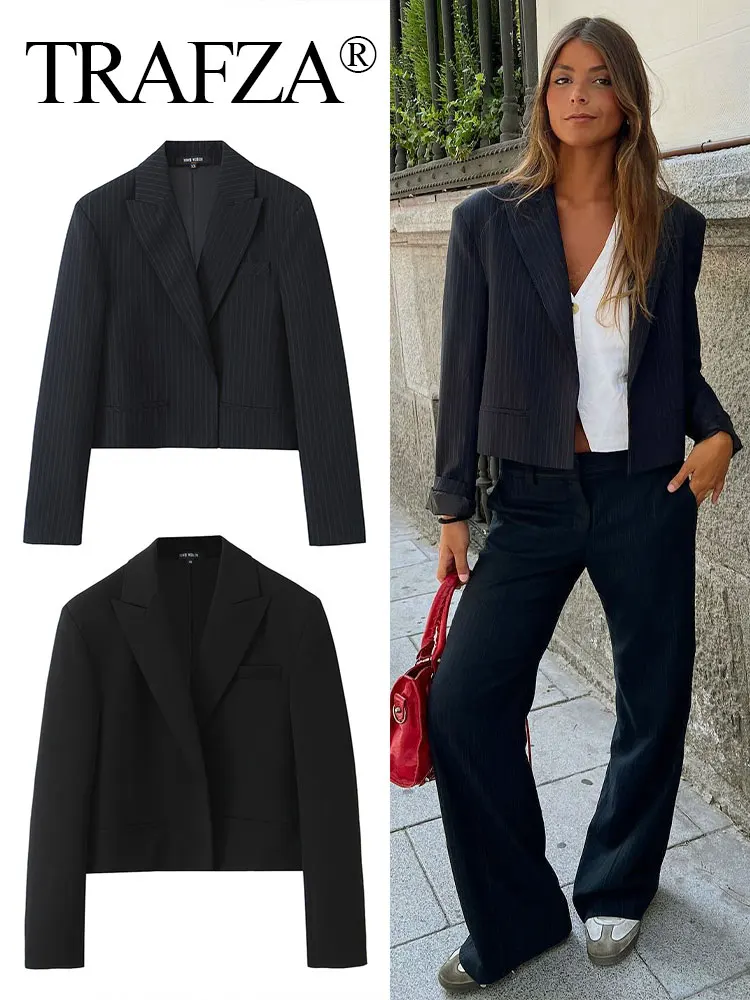 TRAFZA Women Fashion Blazer Long Sleeve Turn Down Collar Loose Short Suit Coat Female Wild Commute Outerwear Woman Cardigan Top