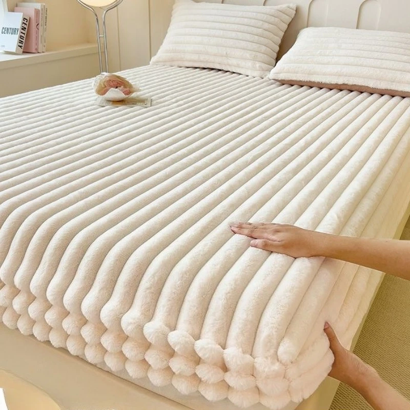 Solid-color Rabbit Fur Plush Strip Mattress Protection Cover Thick Warm Elastic Fitting Bed Cover for Single Bed Double Bed