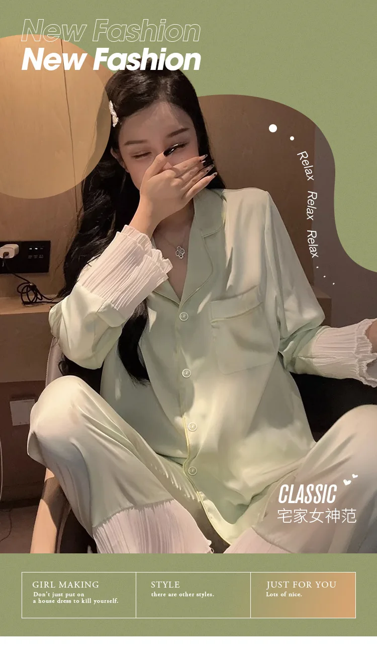 Women\'s Pajamas Sets Spring Autumn 2 Piece Green Pyjama Buttons Faux Silk Satin Sleepwear Long Sleeve Pijama Mujer Pjs Homewear