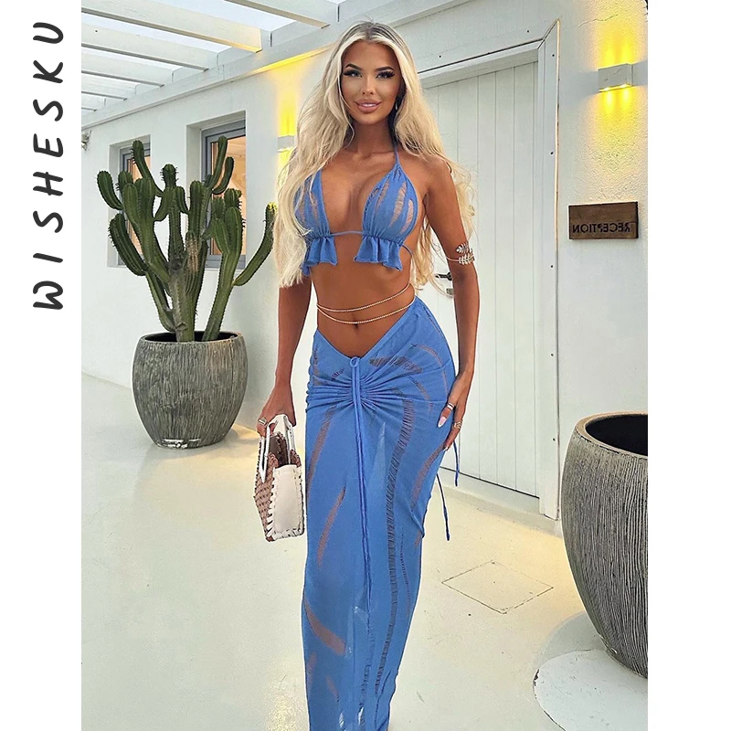 2 Two Piece Set Women Mesh See Through Outfits Sexy Bandage Lace Up Bra Top+High Waist Drawstring Long Skirts 2024 Summer Beach