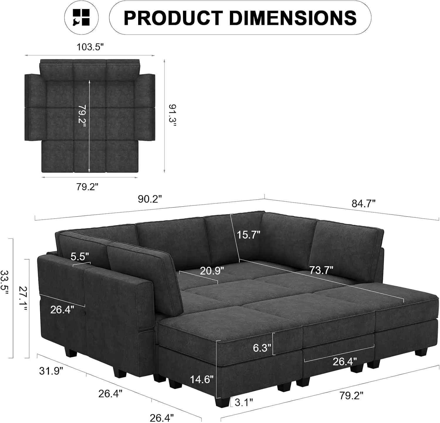 Belffin Sectional Sleeper Oversized Sleeper Couch Convertible Sectional Sofa Bed Set Oversized Couch Reversible Chaise Black