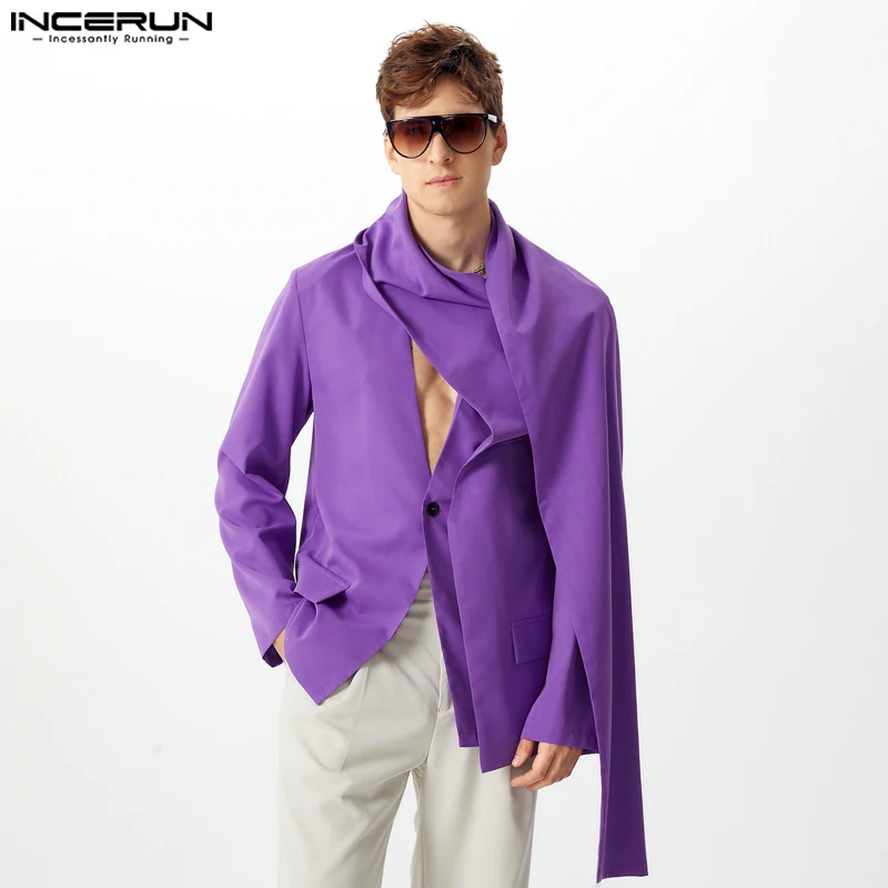 Fashion Casual Style Tops INCERUN New Men Collarless Design Shawl Suit Coats Handsome Male Solid Long Sleeved Blazer S-5XL 2024