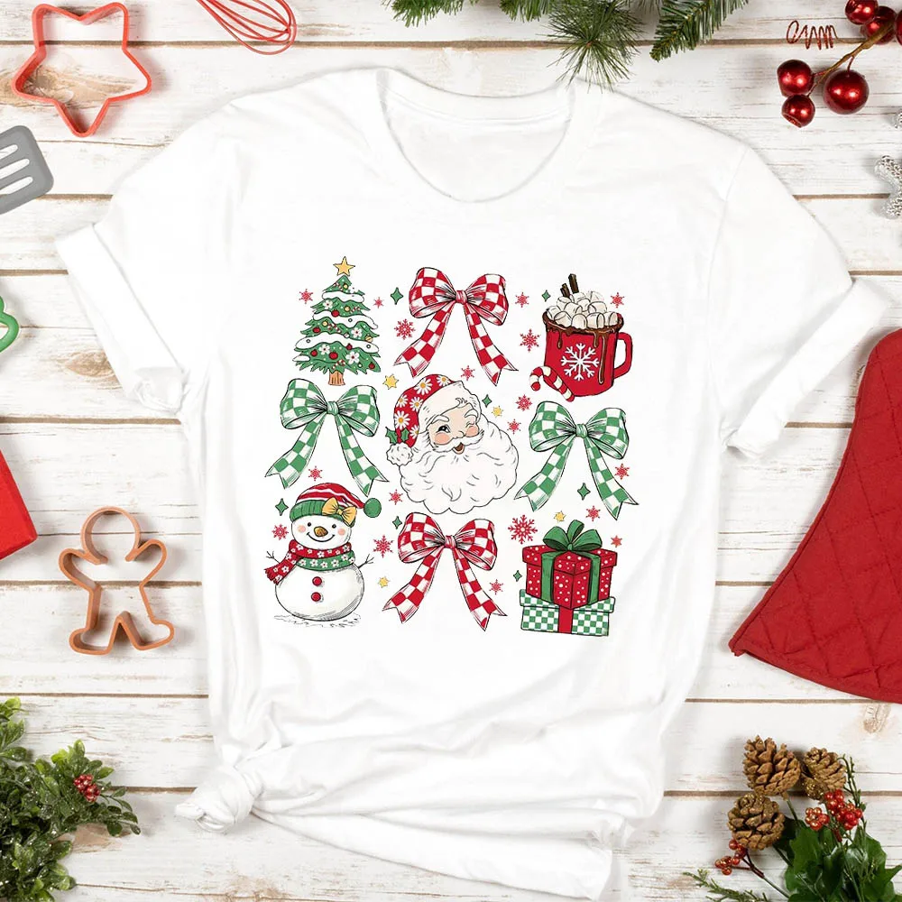

Рубашки с принтом Санта-Клауса, снега, банта, Женская рождественская одежда, Рождественская футболка для девочек, женская футболка с коротким рукавом, праздничные ретро топы, одежда