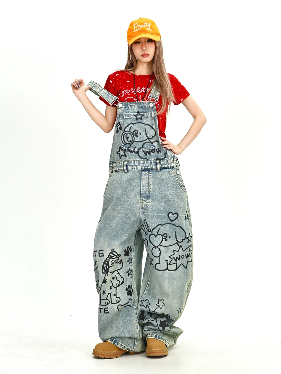 

Lazy Dog fiti Denim Overalls Women's Loose Wide Leg Pants American College Sle Summer New Arrival l Waist Zipper