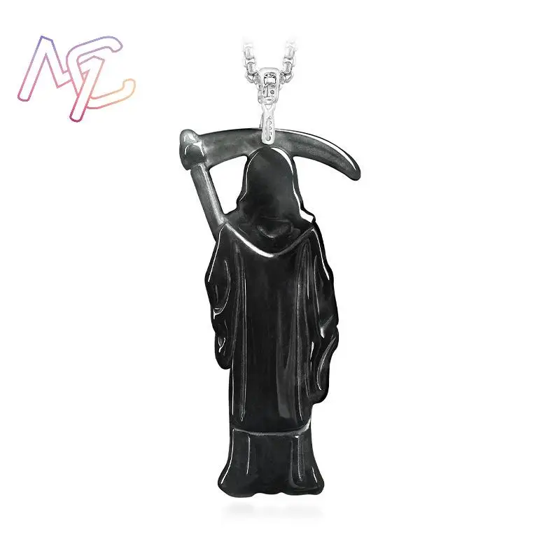 Myanmar Jadeite Grim Reaper Pendant Necklace Accessories 925 Silver Real Jade Talismans Amulet Fashion Gifts for Women - view 4