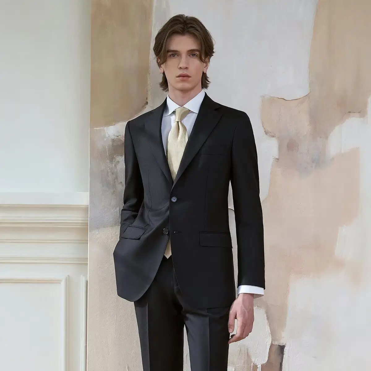 

Базовый универсальный деловой костюм Bla для мужчин, эластичный четырехсторонний костюм с двойным разрезом и двумя пуговицами, подходит для полиэфирного волокна