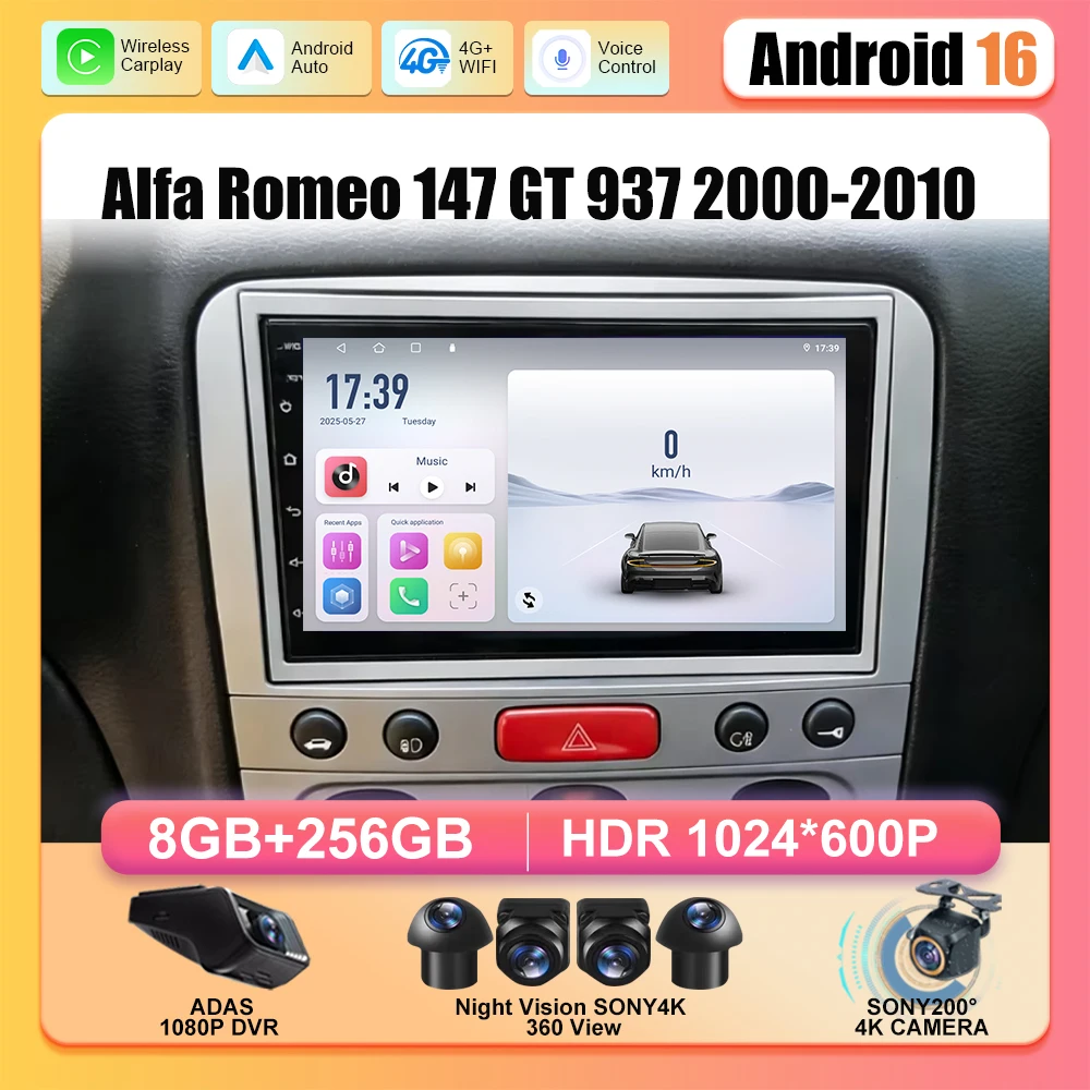 Android 16 Carplay For Alfa Romeo 147 GT 937 2000-2010 GPS Navigation Video Car Monitor DVD Car Radio GPS Automotive Multimedia