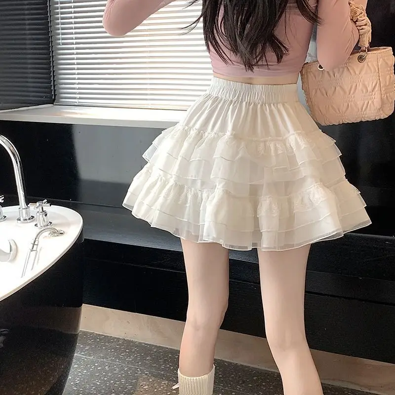 New Sweet Lace Cake Skirts Women Korean Chic Ballet Style Elastic High Waist Mesh Solid All-match Jupe Y2k Aesthetic Faldas