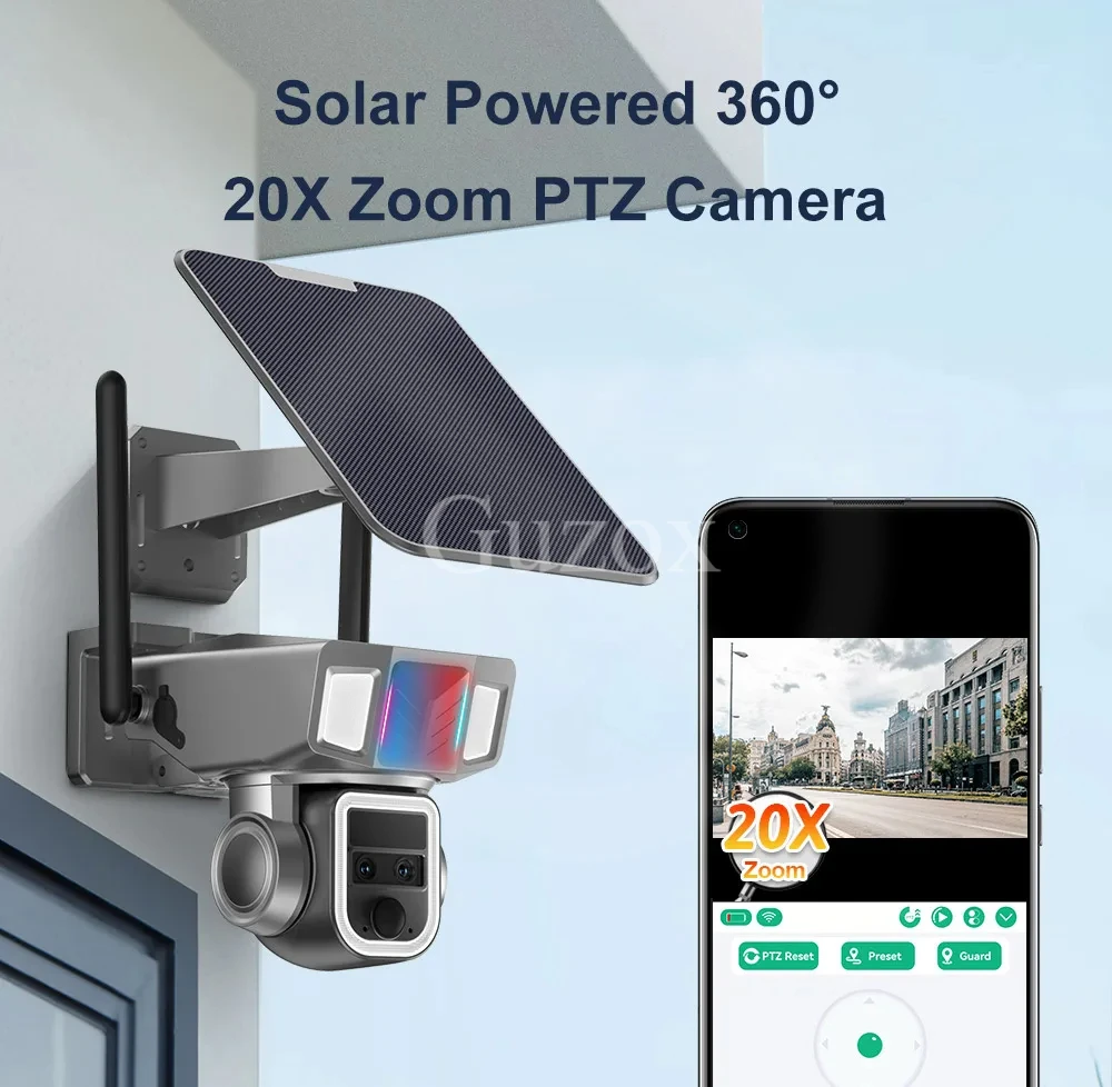 Guzox 20X Zoom PTZ Cam 2K 4MP WiFi telecamera di sicurezza solare IP66 Outdoor 4G Dual Lens Human Auto Tracking P2P Survelliance Camera