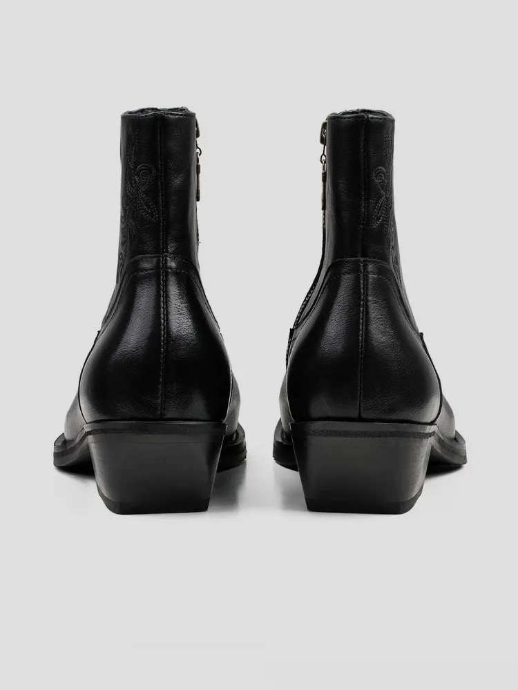 New Mens Zipper Cowskin Ankle Boots Flower Black High Top Shoes Male Pointed Toe Footwear Chic Real Leather Western Style Boots