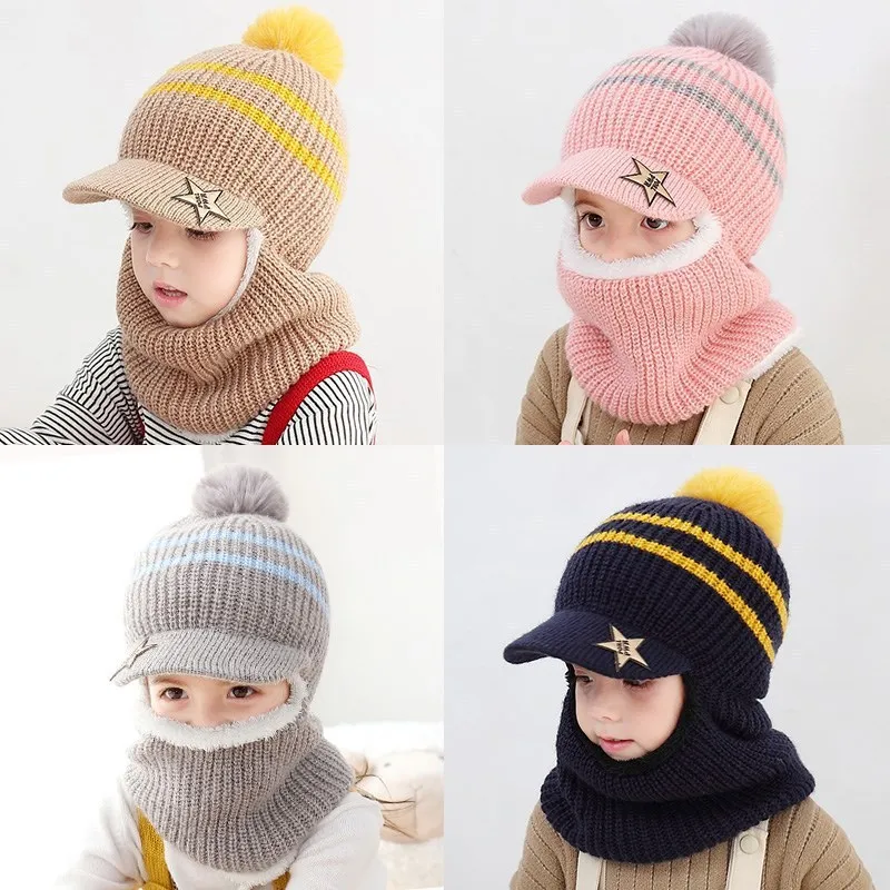 Gorro de bola de lana de punto de terciopelo grueso para niños, bufanda cálida para niñas, gorro de cobertura para niños, versión coreana, lindo y dulce, Invierno