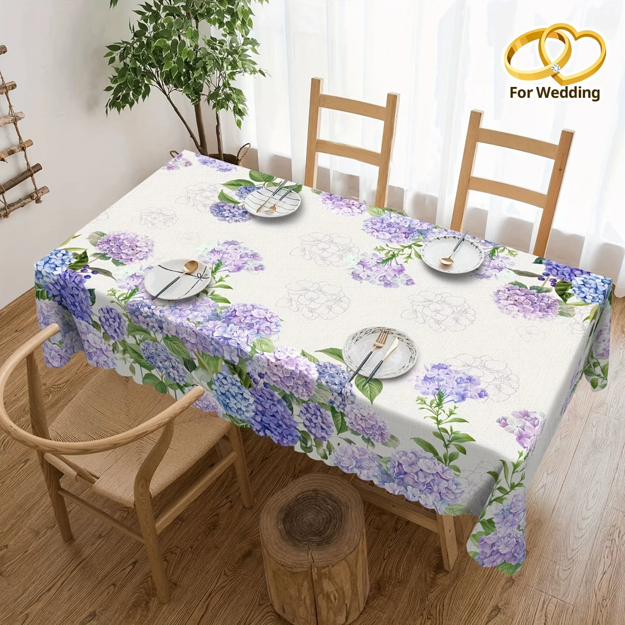 One round rectangular tablecloth, with a blue and purple floral pattern, featuring elegant hydrangea decorations for the homeyzb