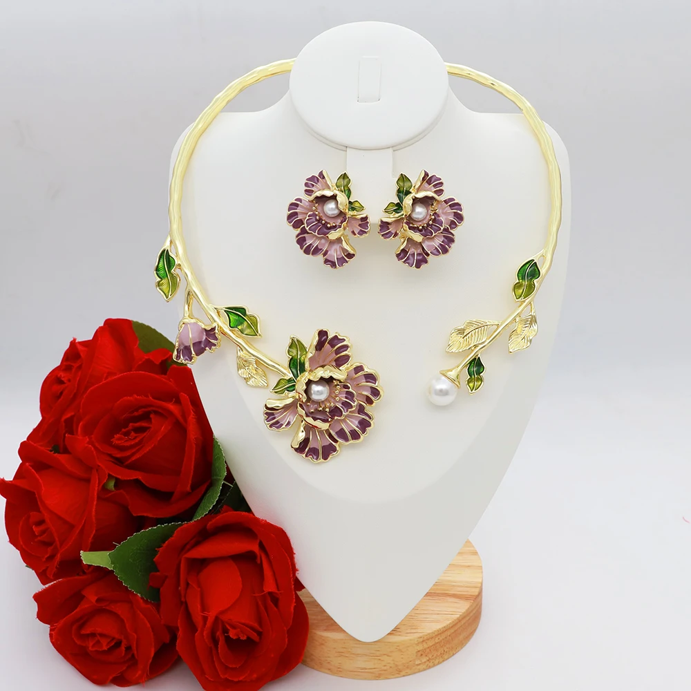 New Charming Flower Shape Women Jewelry Set Luxury Design Purple Flower Pearl Pendant Necklace Earring Bracelet Anniversary Gift