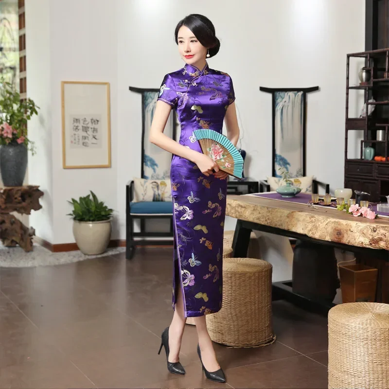 

Short Sleeve Long Qipao Purple Brocade Satin Cheongsam Female Sexy Butterfly Flower Qipaos Chinese Style Banquet Gown Vestidos