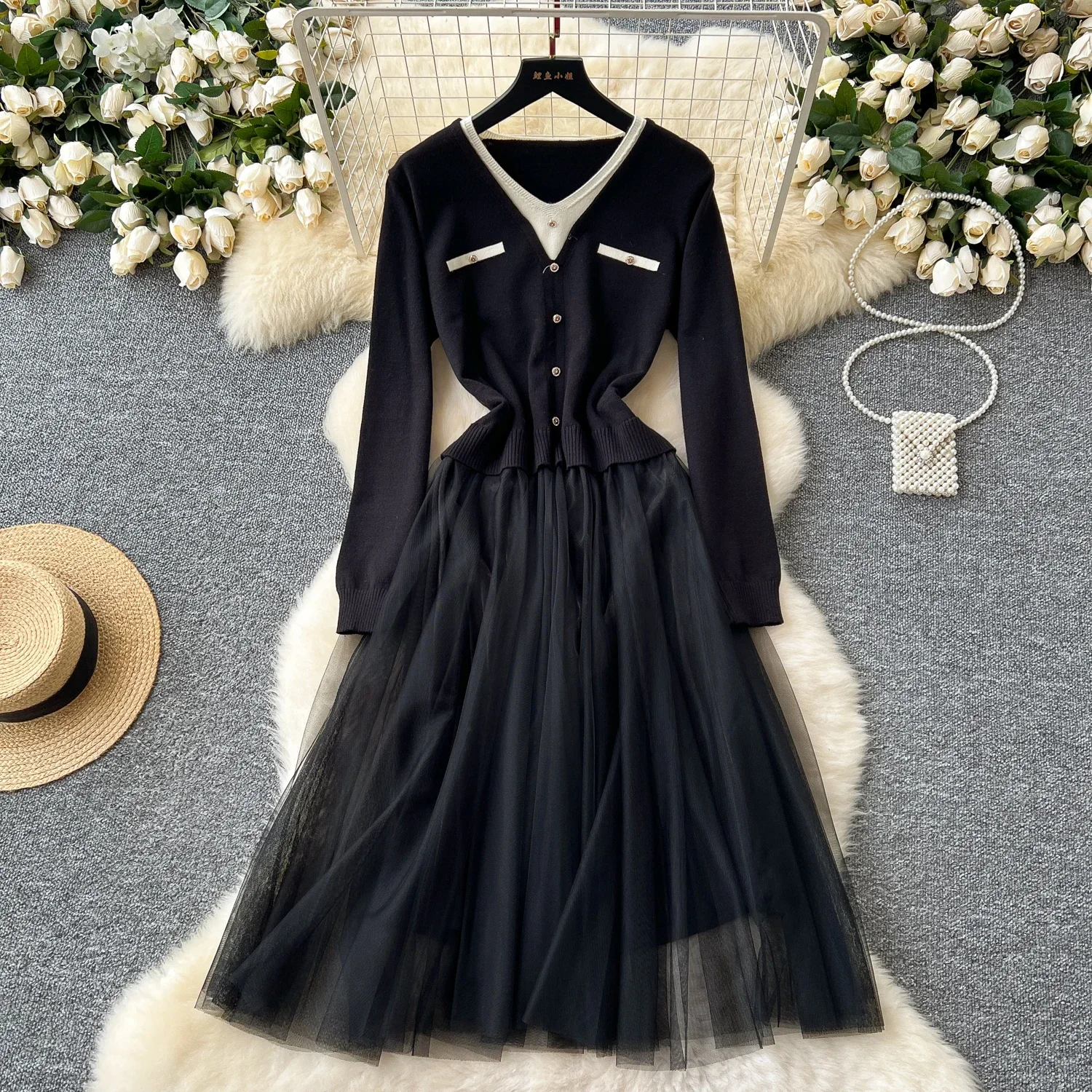 Elegant Chic Mesh Patchwork Knit Dress Long Sleeve Party  A-line Vestidos High Waist Basic Women Autumn Winter Dress