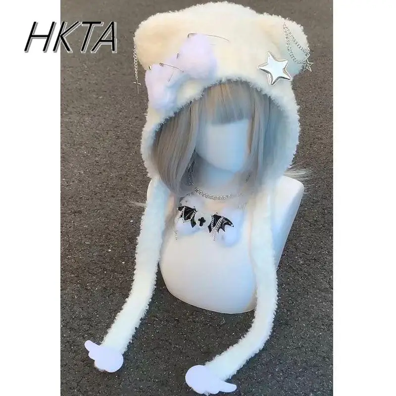 Y2k Aesthetic Hat Girls and Boys Autumn and Winter Subculture Plush Bones Wings Ears Bear Stars Caps Subculture Warm Knitted Hat