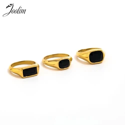 Joolim Jewelry Wholesale High End PVD Waterproof&Tarnish Free Fashion Black Zirconia Stamp Stainless Steel Ring For Women