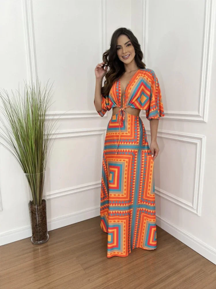 2025 Abito lungo elegante e sexy delle nuove donne di moda estiva 2025, scollo a V, temperamento stampato, abito lungo a mezza manica con blocco colore