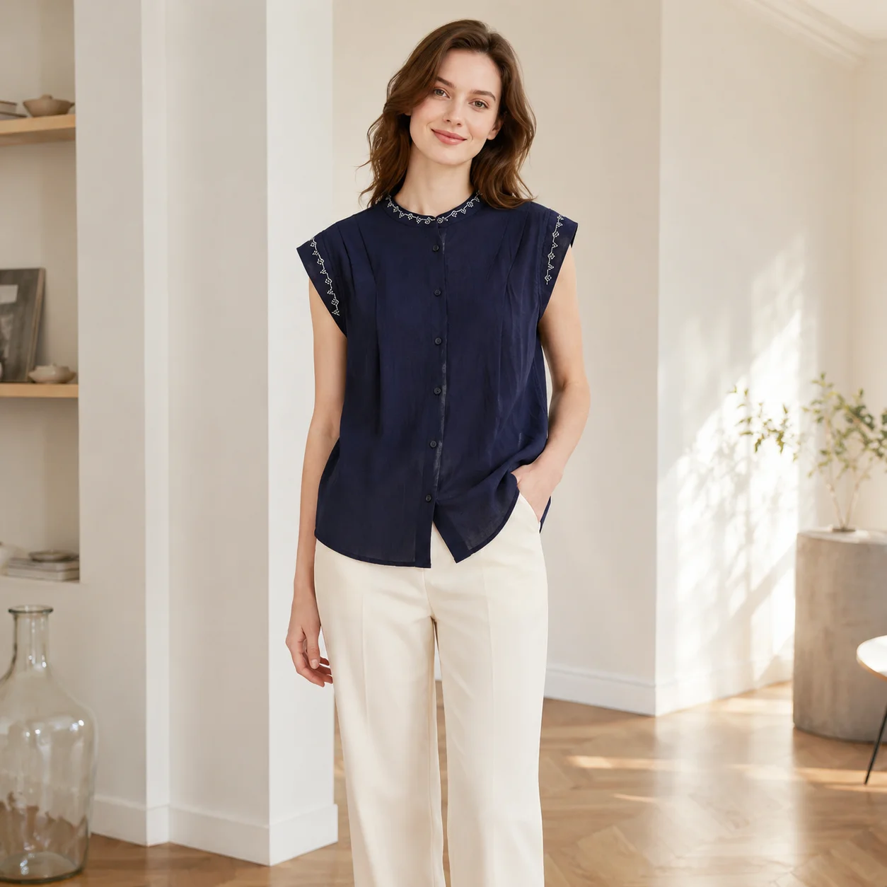 Women Embroidered Sleeveless Button-Up Blouse Round Neck Loose Fit Semi-Sheer Summer Office Casual Top