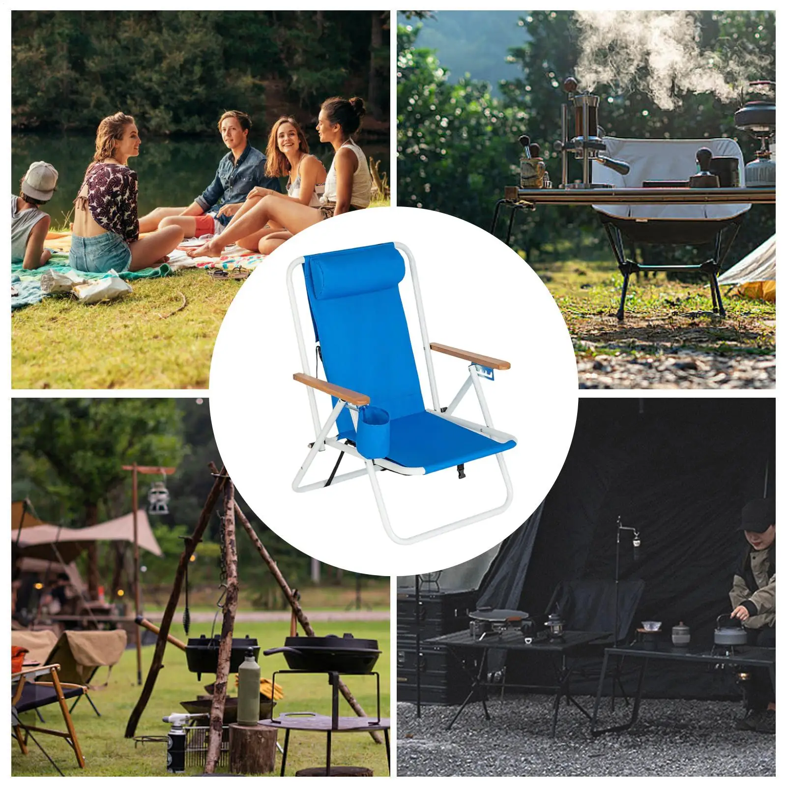 Beach Chair Backpack Folding Portable Chair Adjustable Portable Recliner Seat With Cup Holder Camping Accessories For Travel