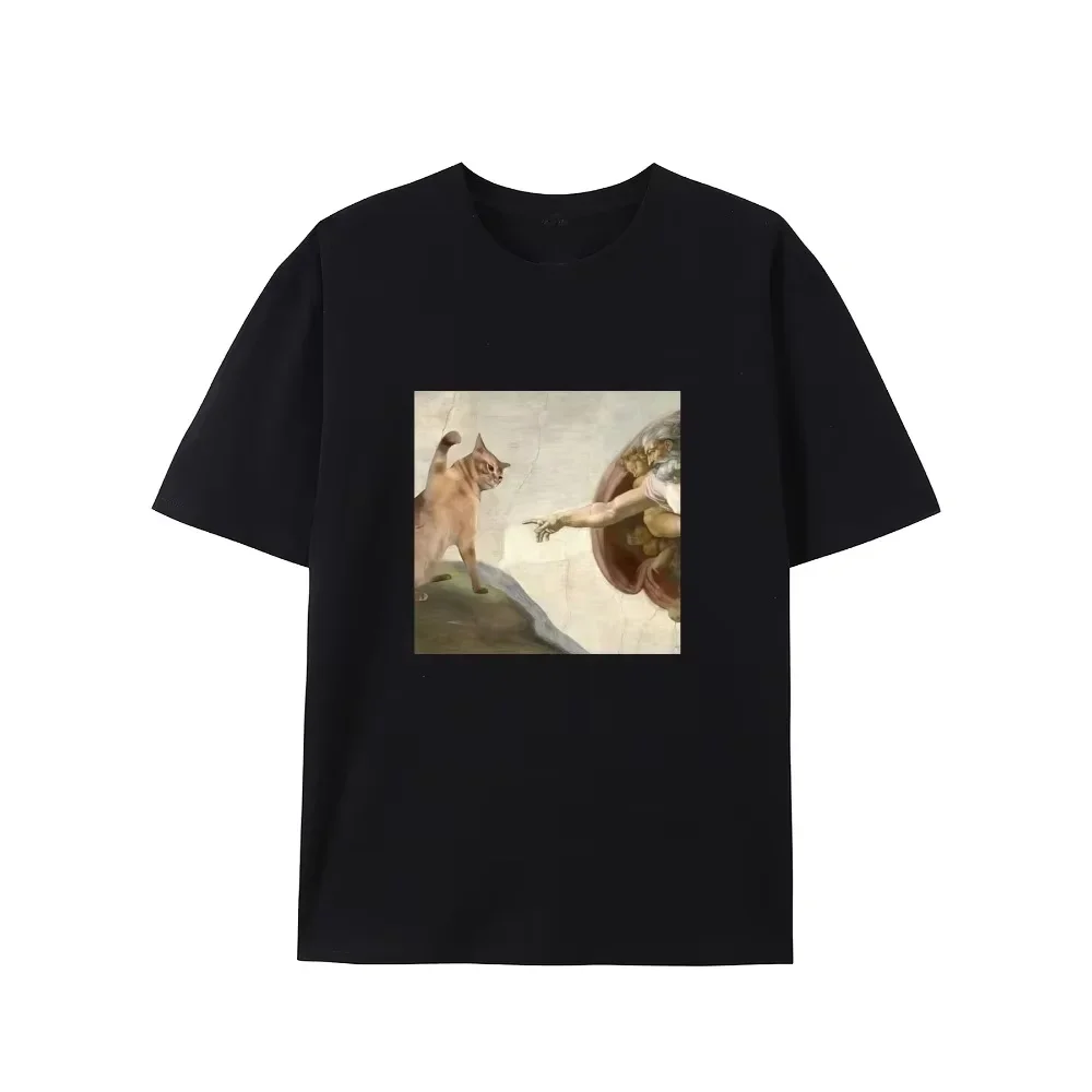 Humorous Cat and Adam Creation Parody Graphic Women Men T-Shirt Casual O-Neck Tee Fit Short Sleeve for Adult Summer Casual Top