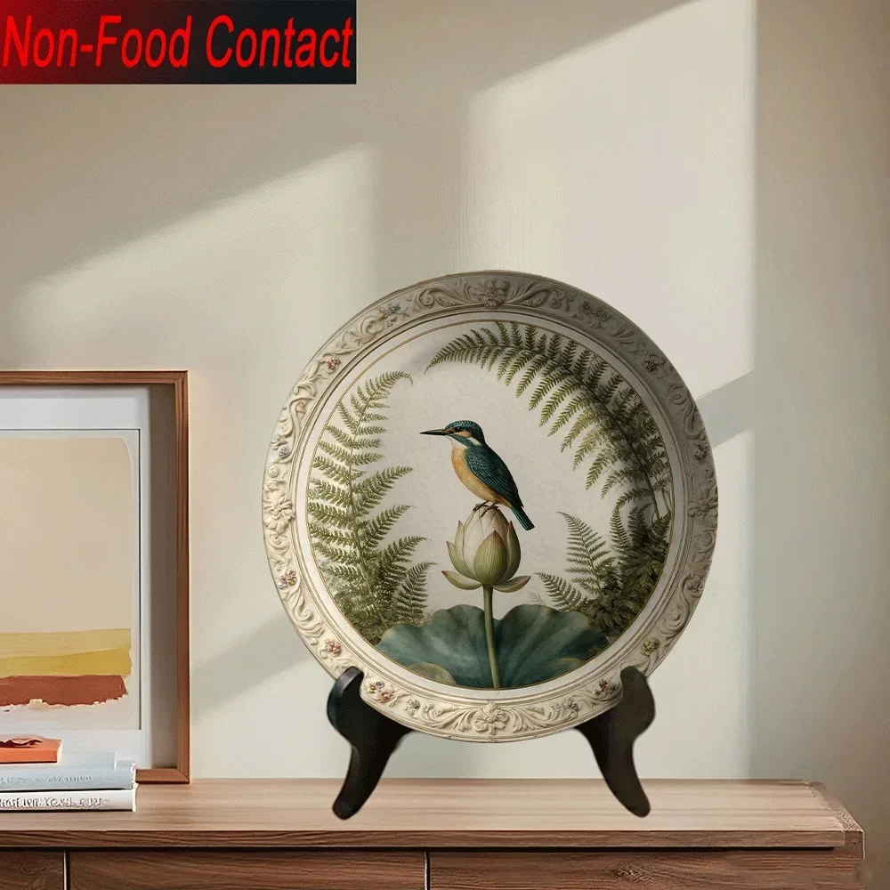 1pc Elegant Bluebird & Lily Flower Ceramic Decorative Plate - Non-Food Contact Tabletop Ornament, Classic Round Home Decor for