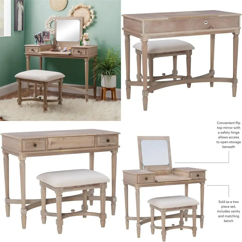 

Gray Wash Vanity & Padded Stool Set with Lip-Up Mirror for Double Dressers