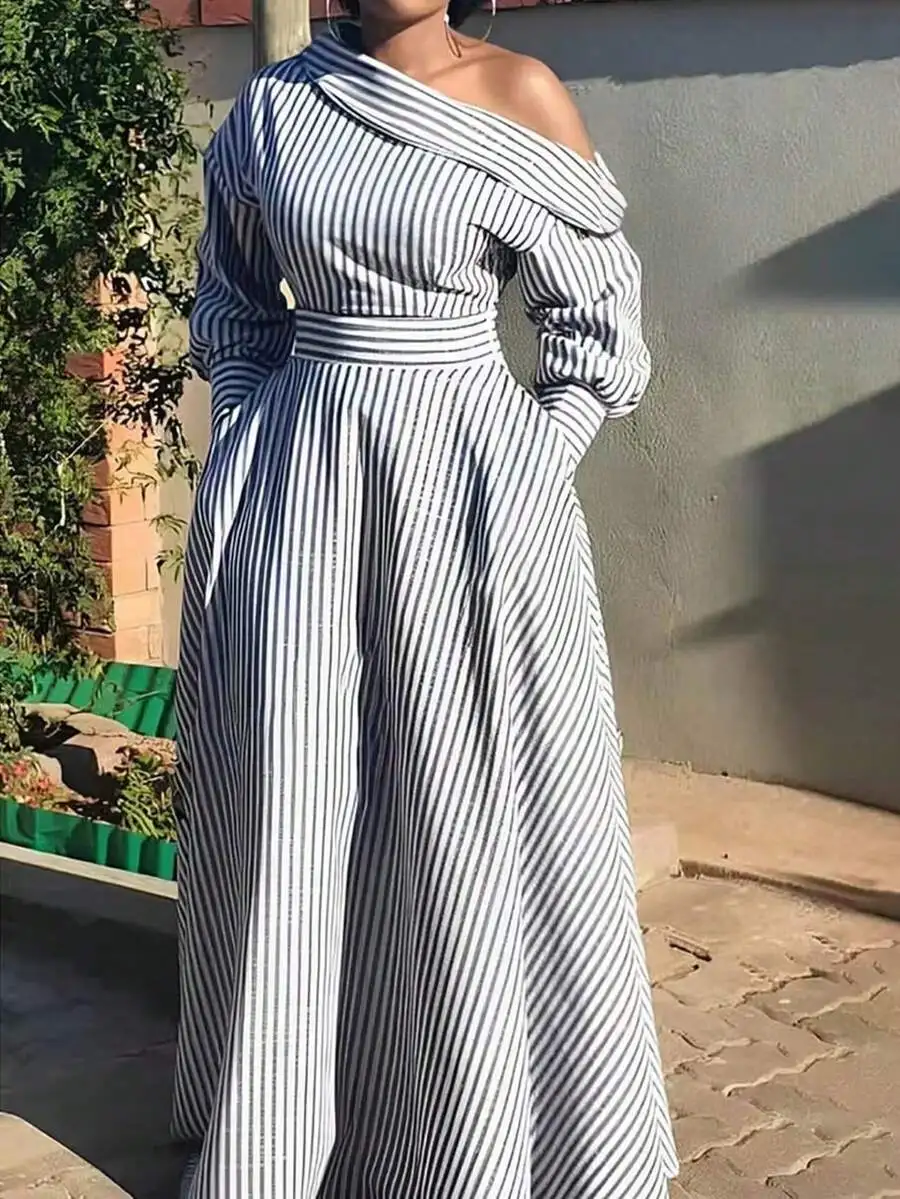 

Women's Striped Off-Shoulder Long Sleeve Maxi Dress with Pocket