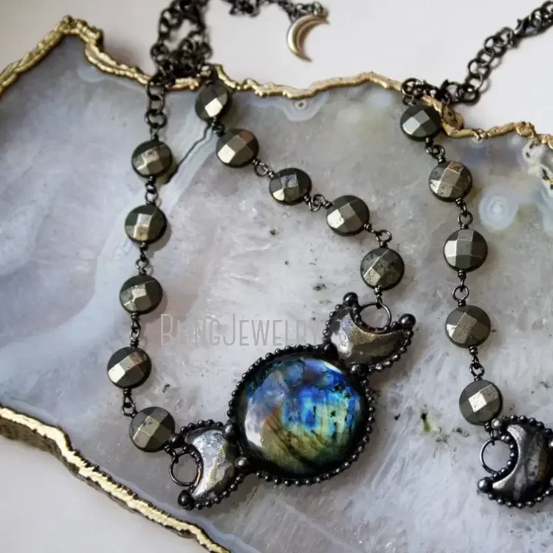 10pcs Labradorite Moon Phase Statement Necklace Women Pyrite Choker Goth Wicca Stainless Steel Collar Arcane Tiki y2k Jewelry
